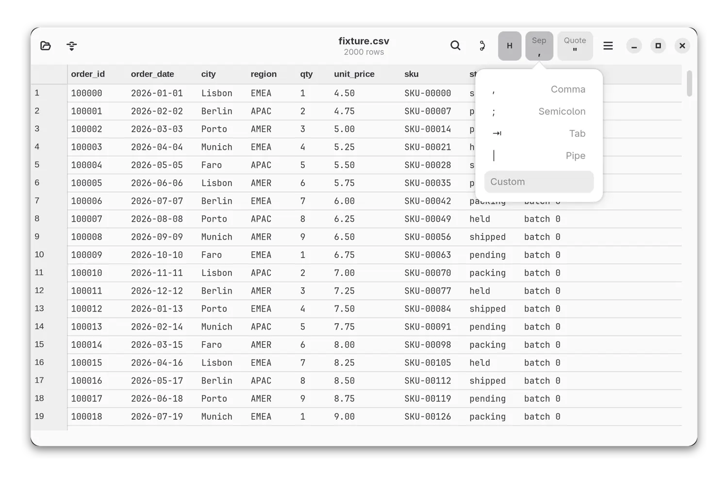 separator guessed from the file — one click to override